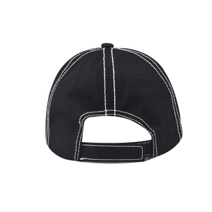 Rear view of black washed cotton baseball cap with white contrast stitching and adjustable strap