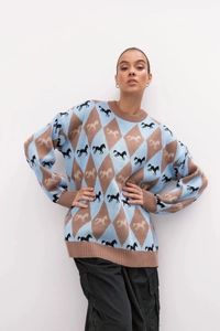 Close-up of color-block knit sweater featuring argyle horse patterns and crew neck design