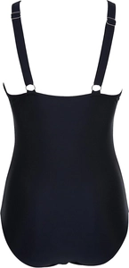 Detail of black one-piece swimsuit back featuring adjustable straps and silver metal rings