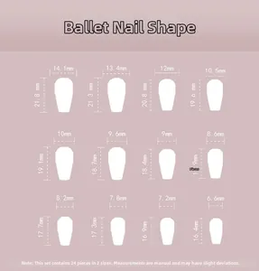 Detailed size chart for long ballerina fake nails with 12 sizes and 24 pieces set