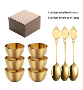 Set of 6 gold stainless steel sauce bowls and 3 spoons with packaging box