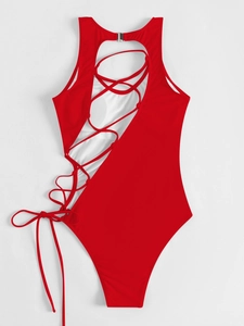 Macro shot of red high-cut swimsuit featuring side crisscross lace-up hollow-out detailing