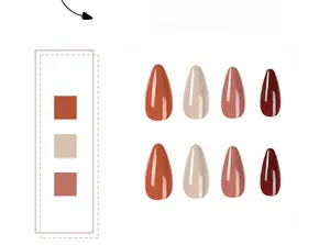 Glossy almond press-on nails in caramel orange, cream apricot, pink, and burgundy wine red