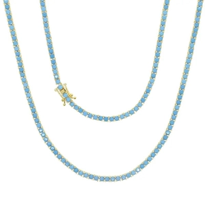 3mm blue turquoise tennis necklace with gold plated brass base and security clasp