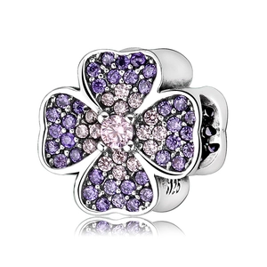 925 sterling silver four-leaf clover charm with pink and purple zircon pave for bracelets
