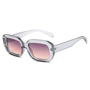 Fashionable grey transparent square sunglasses with purple gradient lenses and rivets