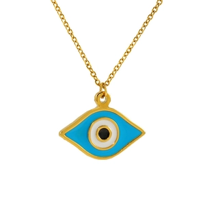 Close-up of golden Evil Eye pendant with blue enamel on a delicate stainless steel chain