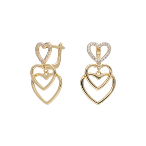 Macro detail of S925 sterling silver golden triple heart earrings with zircon accents