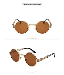 Detail view of steampunk round metal sunglasses with gold frame and brown lenses
