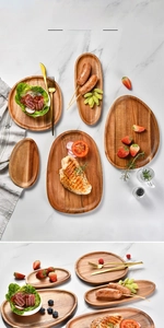 Irregular acacia wood serving trays with natural grain for pizza and snacks