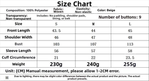 Size guide for beige striped cropped shirt showing polyester fabric specs and measurements