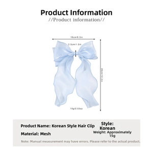 Detail size chart for the light blue mesh bow hair clip with clear dimensions in cm and inches