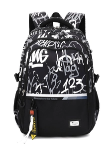 Black and white graffiti large capacity backpack with reflective strips and future art prints