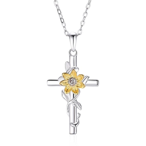 925 Sterling silver sunflower cross necklace with yellow petal details on white background