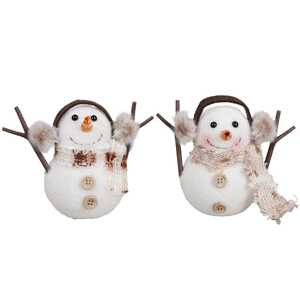 Luminous Christmas snowman figurines with plaid scarves and wooden arms set of 2