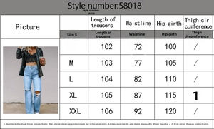 Guide des tailles détaillé pour jeans larges femme avec mesures de la taille et des hanches