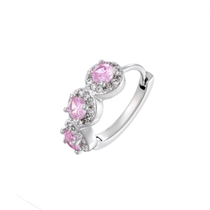 Silver geometric hoop earrings with pink round-cut cubic zirconia in a triple-set design
