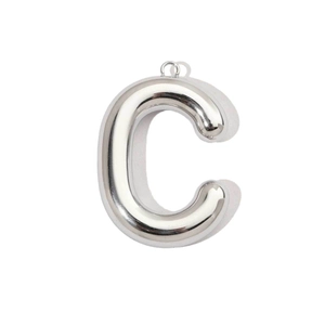 Detailed view of silver hollow letter C bubble pendant with mirror polished finish