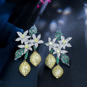 Elegant lemon tree branch earrings with yellow zircon crystals and S925 silver pins