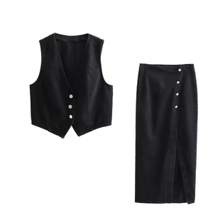Set due pezzi nero da donna con gilet corto e gonna midi a vita alta con spacco