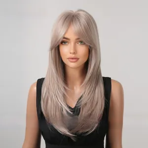 Detailed texture of ash brown layered straight synthetic wig with air bangs on a model
