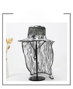 Detail of camouflage sun hat featuring side mesh vents and a protective neck flap