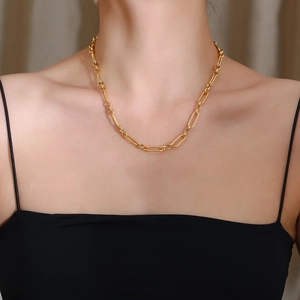 Minimalist gold titanium steel necklace with rectangular and round chain links on model