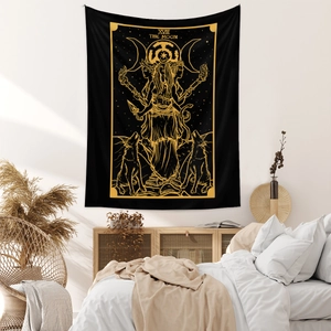 Detailed view of The Moon tarot tapestry with crisp golden lines on black polyester fabric