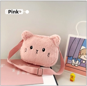 Detailed view of pink plush cat shoulder bag with soft fur and adjustable metal strap buckle