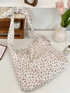 Large capacity floral print canvas shoulder bag with adjustable tie-up knot strap