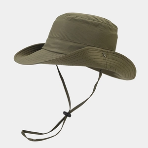 Minimalist military green outdoor sun hat with wide brim and adjustable windproof strap