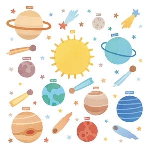 Solar system wall stickers for kids bedroom featuring hand-painted watercolor planets