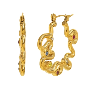 18K gold plated wavy hoop earrings with colorful cubic zirconia in a modern design