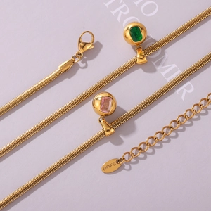 18k gold plated stainless steel snake chain with emerald and pink zircon pendant