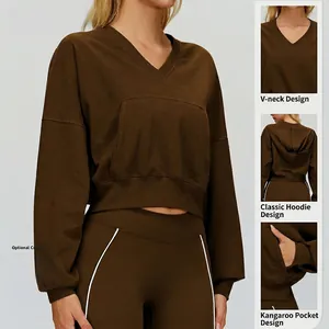 Women's V-neck hooded sweatshirt and high-waist yoga pants set in dark brown coffee
