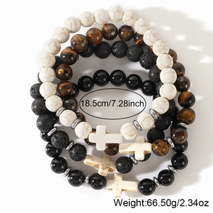Set of 4 bead bracelets with white turquoise, tiger eye, and cross charms for men