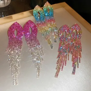 Long Tassel Earrings Rhinestone Copper Jewelry With Silver Earring Post Gradient Color Waterdrop Design For Women