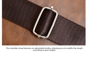 Detail of adjustable silver metal buckle on brown PU leather strap for men shoulder bag