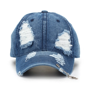 Vintage distressed denim baseball cap with cross details and silver metal pins