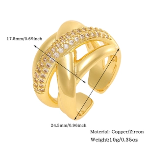 Detailed size specifications for gold copper ring with zircon micro-paving details