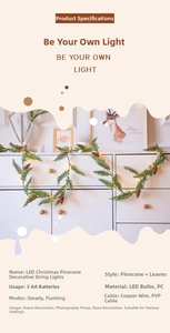 Détail de guirlande de pommes de pin de Noël avec aiguilles, baies rouges et ampoules LED