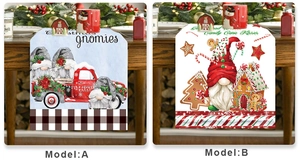 Christmas table runner detail showing two gnome patterns with buffalo plaid and stripe borders