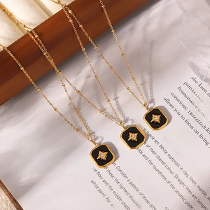 Vintage gold plated stainless steel square pendant necklaces with black acrylic star