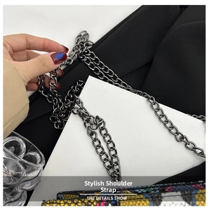 Detailed close-up of dark chrome metal chain strap and colorful snakeskin textured crossbody bag
