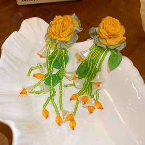 Boucles D'Oreilles Pendantes À Pampilles En Alliage Avec Rose En Tissu Et Perles Plus Tige En Argent Pour Femmes