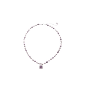 French vintage necklace with purple zircon pendant and mixed pearl beads for women