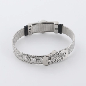 Silver stainless steel mesh bracelet with adjustable buckle shown from a 45-degree angle