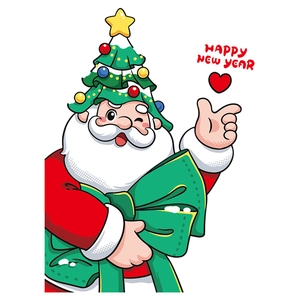 Santa Claus window sticker with Christmas tree hat and green bow for glass decoration