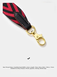 Detail of red and black chevron pattern woven strap with leather ends and gold metal clasp