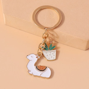 Cute Alpaca And Cactus Potted Plant Keychain Metal Enamel Cartoon Animal Plant Pendant For Women Bag Accessories